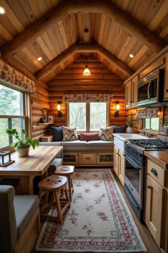 Cozy lodge camper with hearthside charm.