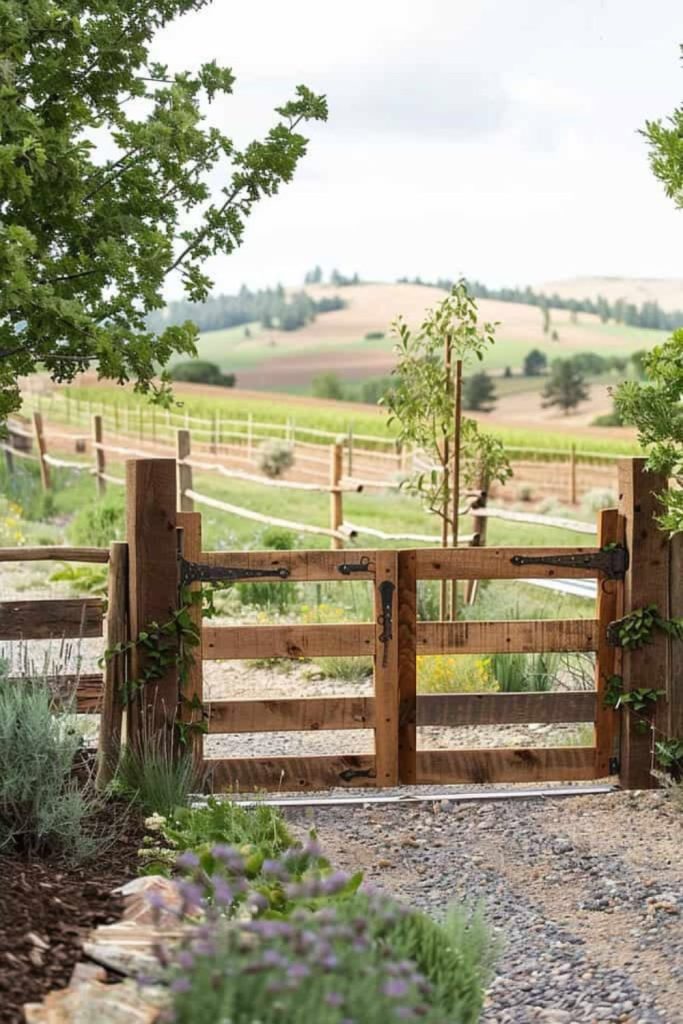 Heavy timber post farm gate structure
