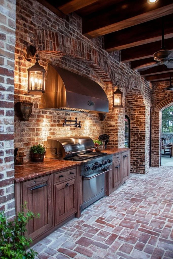 Heritage brick manor outdoor kitchen design.