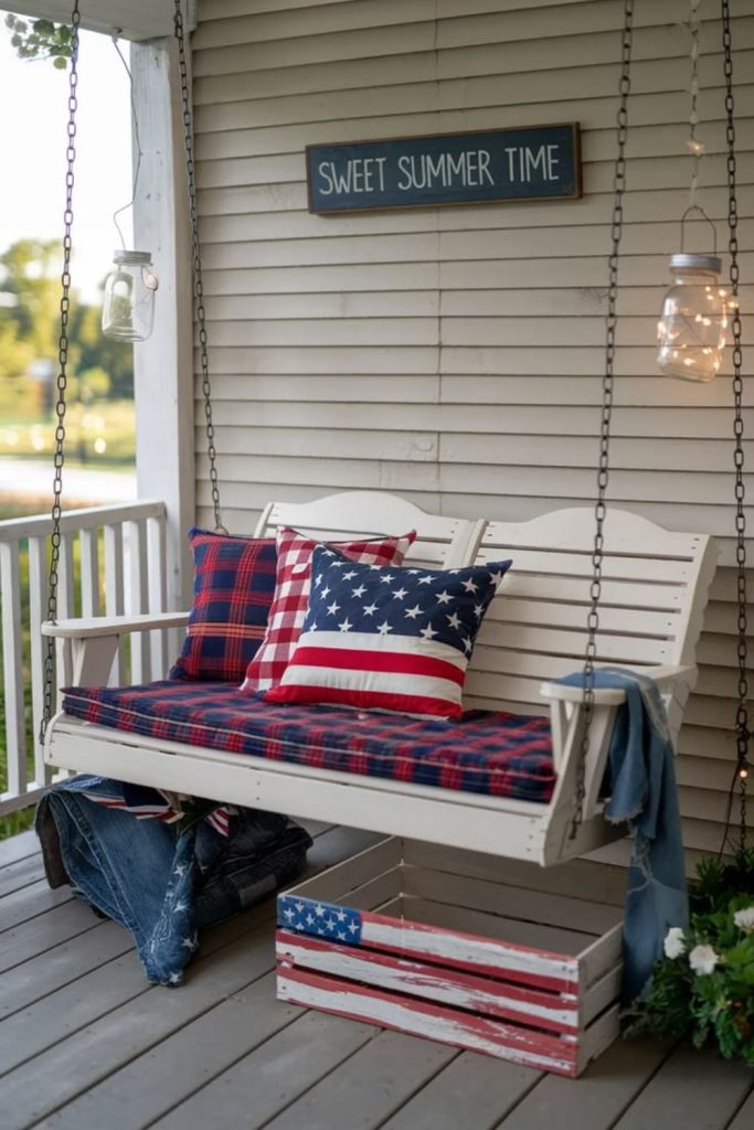 Swing porch with lantern row flags and cozy heritage inspired design