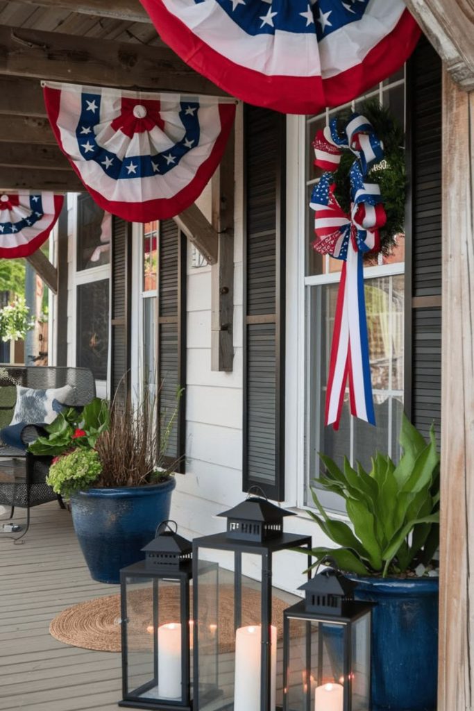 Timber porch structure with flags lanterns and warm heritage inspired design