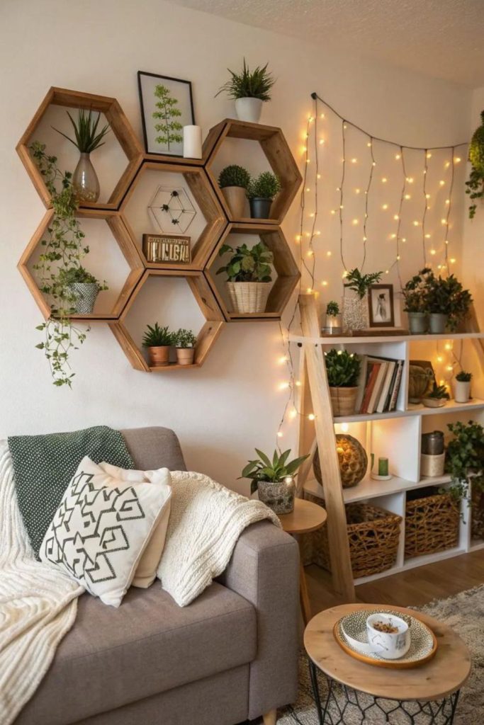 Hexagon honeycomb shelf wall arrangement.
