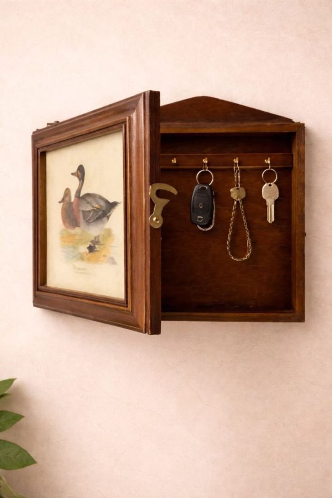 Antique key collection mystery wall display.