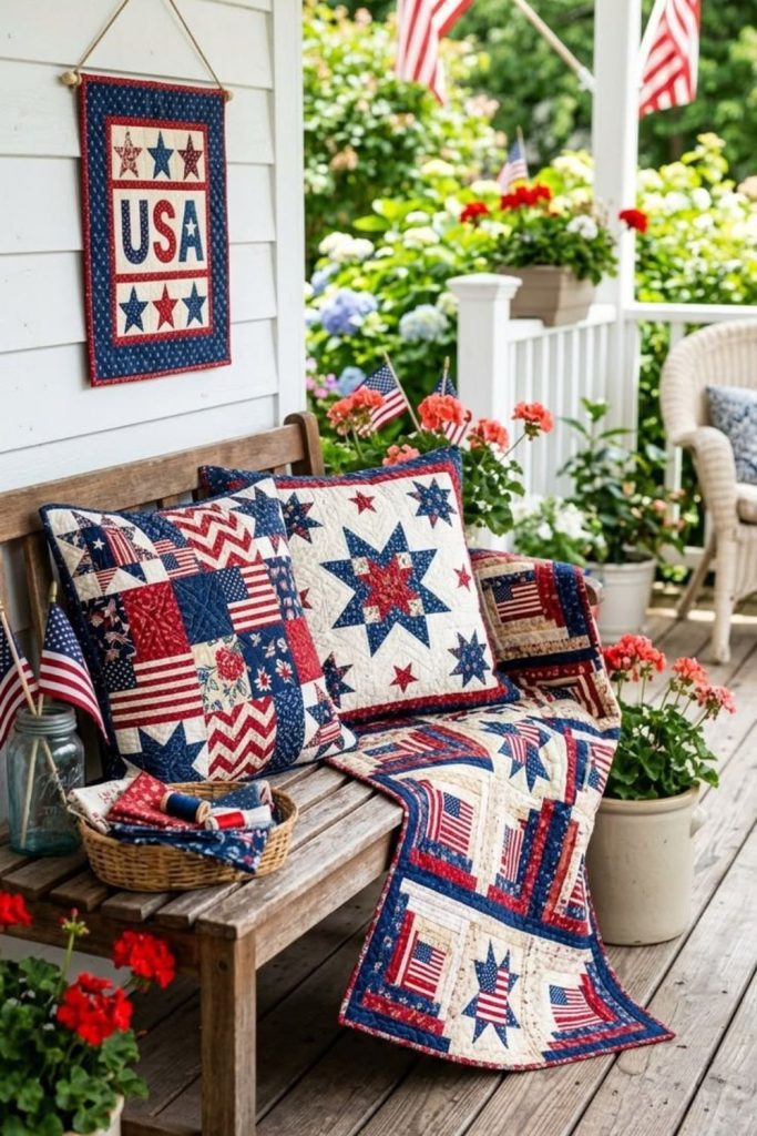 Quilt decorated porch with flags lanterns and warm farmhouse patriotic feel
