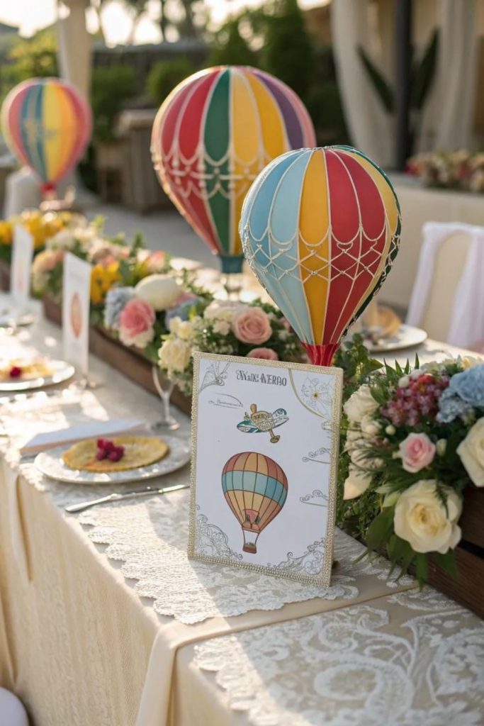 Hot air balloon baby shower display.