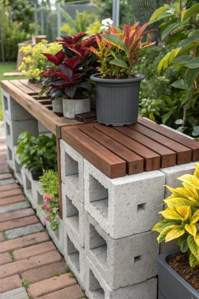 Cinder block and wood stand.