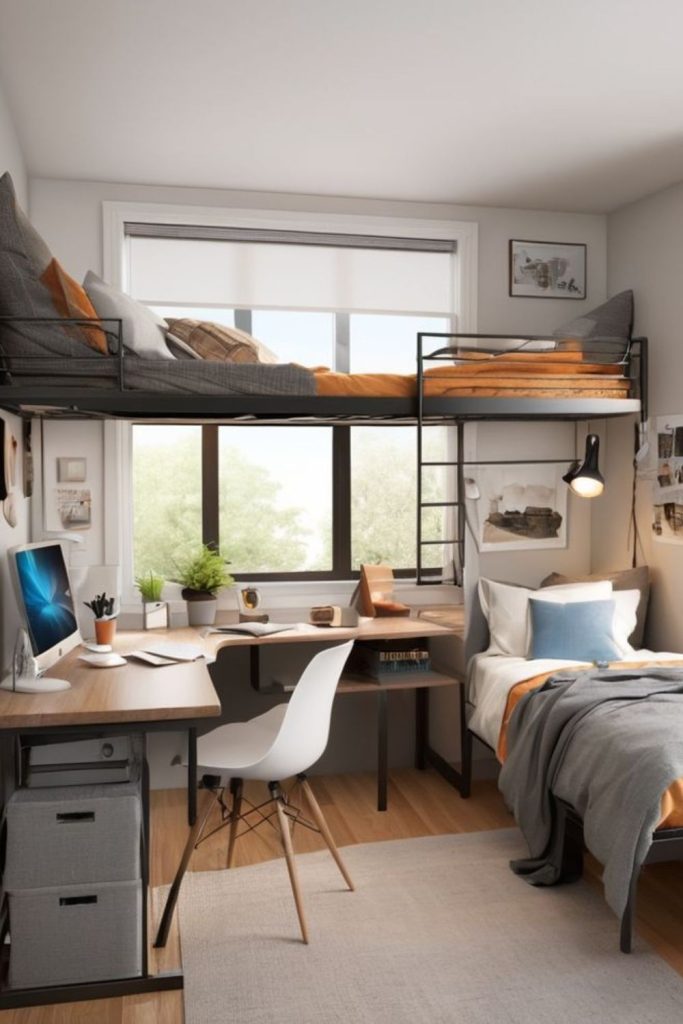 Industrial dorm featuring brick and metal.