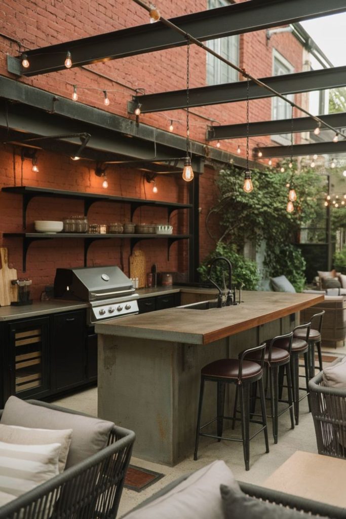 Industrial loft style covered outdoor kitchen.