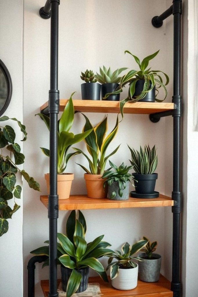 Metal pipe wall plant shelving system