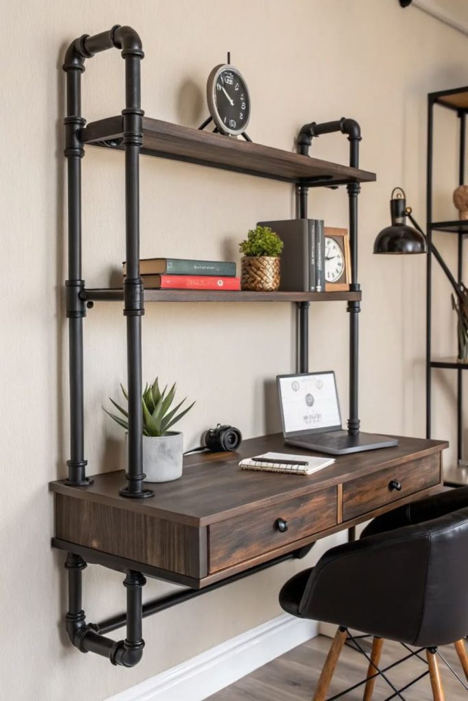 Industrial pipe and wood shelving.