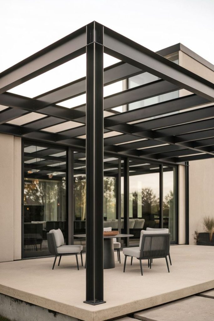 Industrial steel canopy modern courtyard space