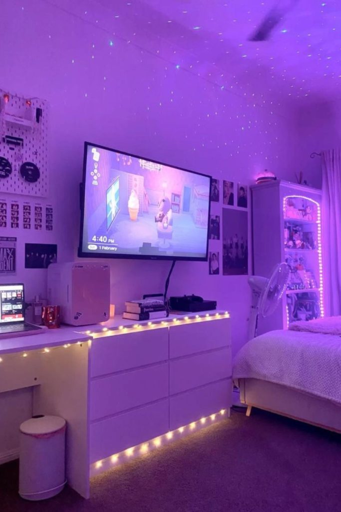 Internet café-inspired bedroom with desktop setup.