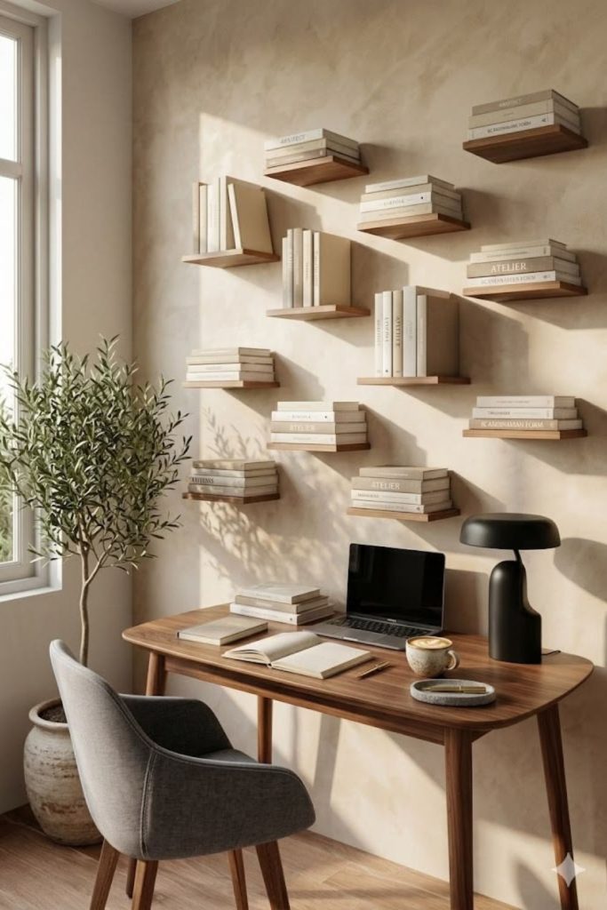 Floating books creating invisible shelf.