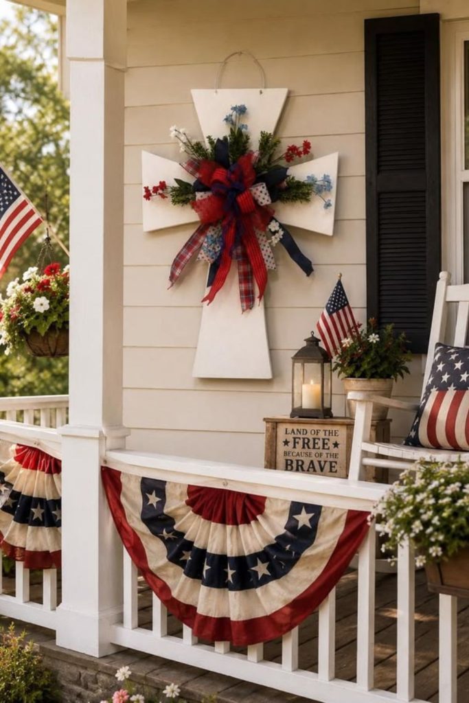 Iron railing porch with historic design and elegant patriotic architectural details
