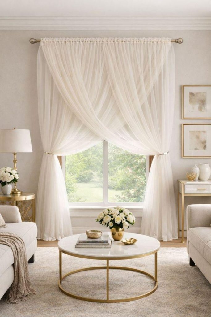 Layered ivory curtains soft cloud effect