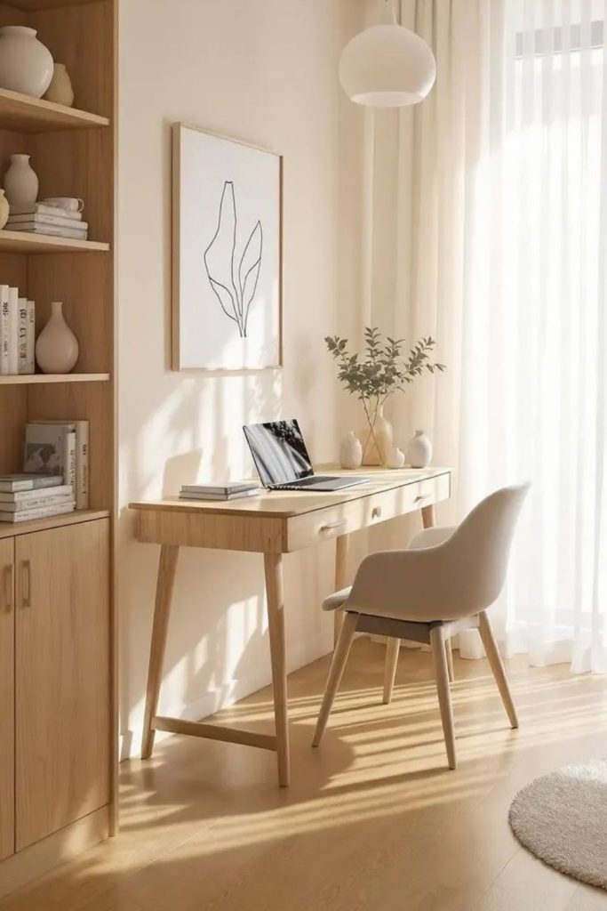 Japandi minimalist calming dorm workspace.