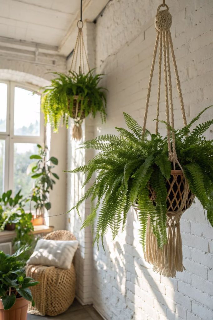 Lush Boston fern overflowing hanging planter.