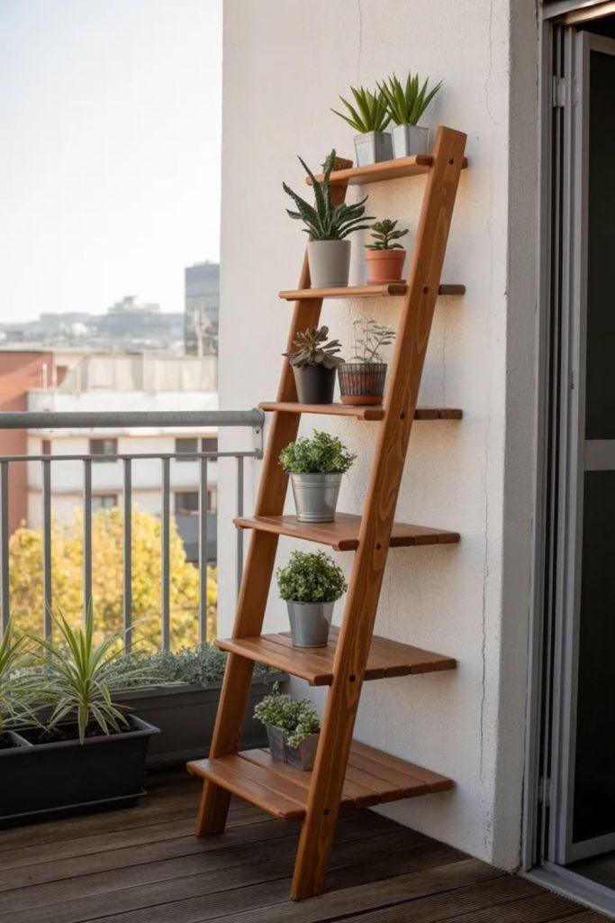 Upcycled ladder tiered indoor plant shelf