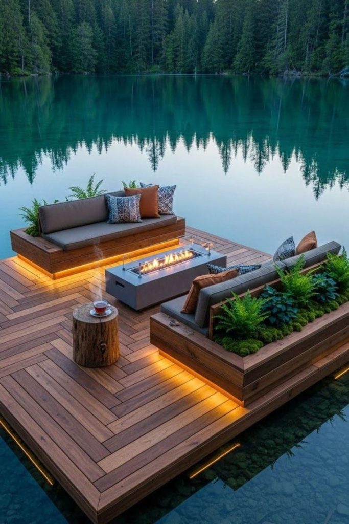 Lakeside floating wooden grill deck design