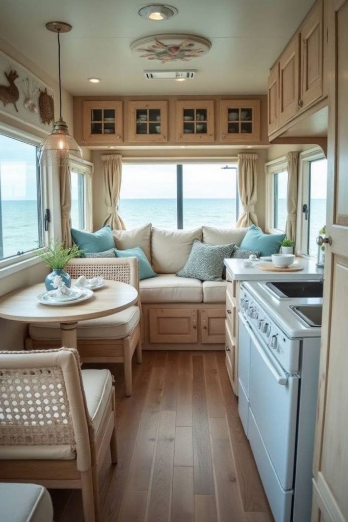 Lakeside camper interior with aqua hues.