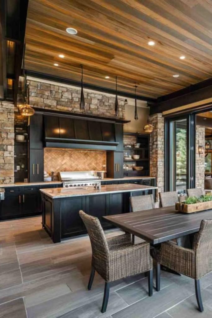 Lakeside stone and wood outdoor kitchen.