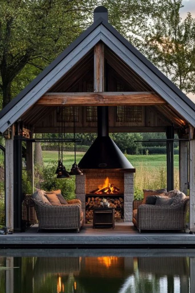 Lakeside wooden deck covered seating area