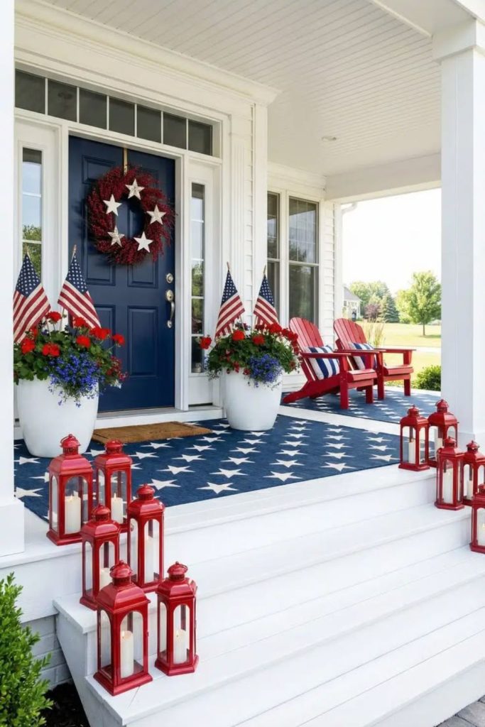 Geometric lantern porch with structured lighting and modern patriotic design elements