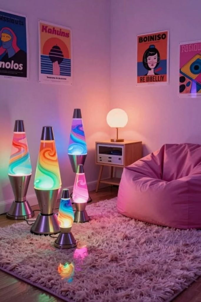 Cozy lava lamp teen lounge.