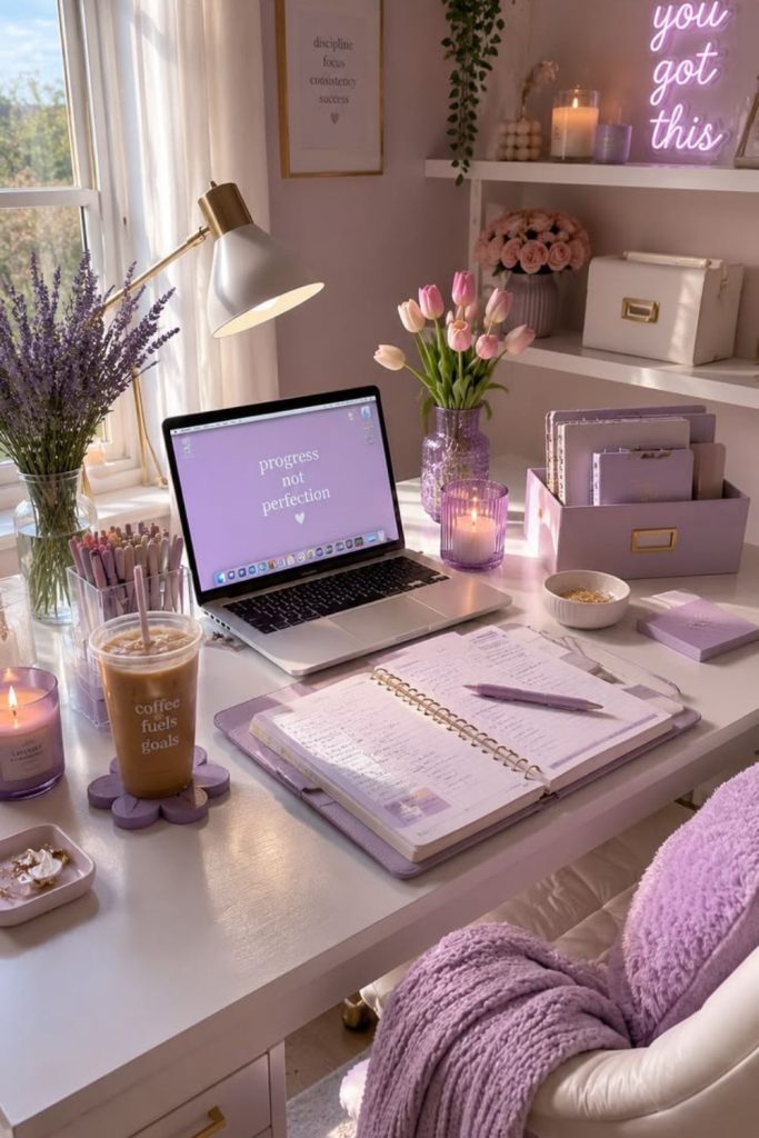 Lavender pastel aesthetic dorm desk decor.