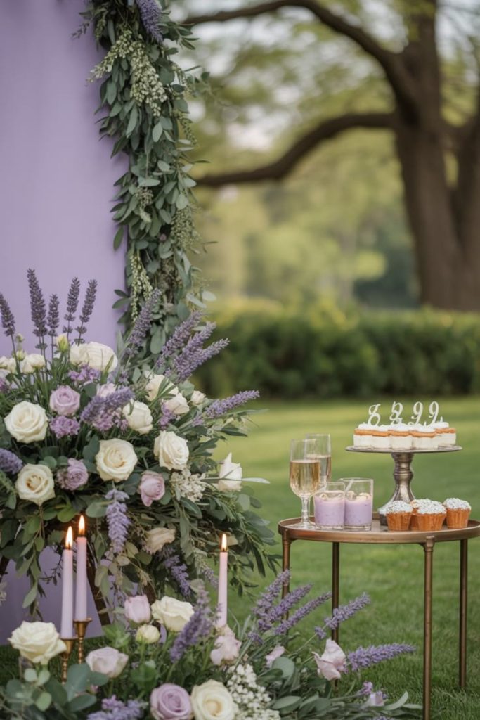 Lavender meadow baby shower centerpiece display.