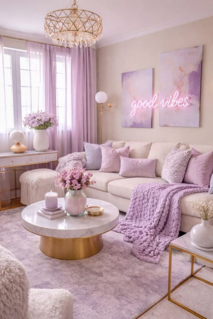 Lavender unicorn lounge with iridescent accents.