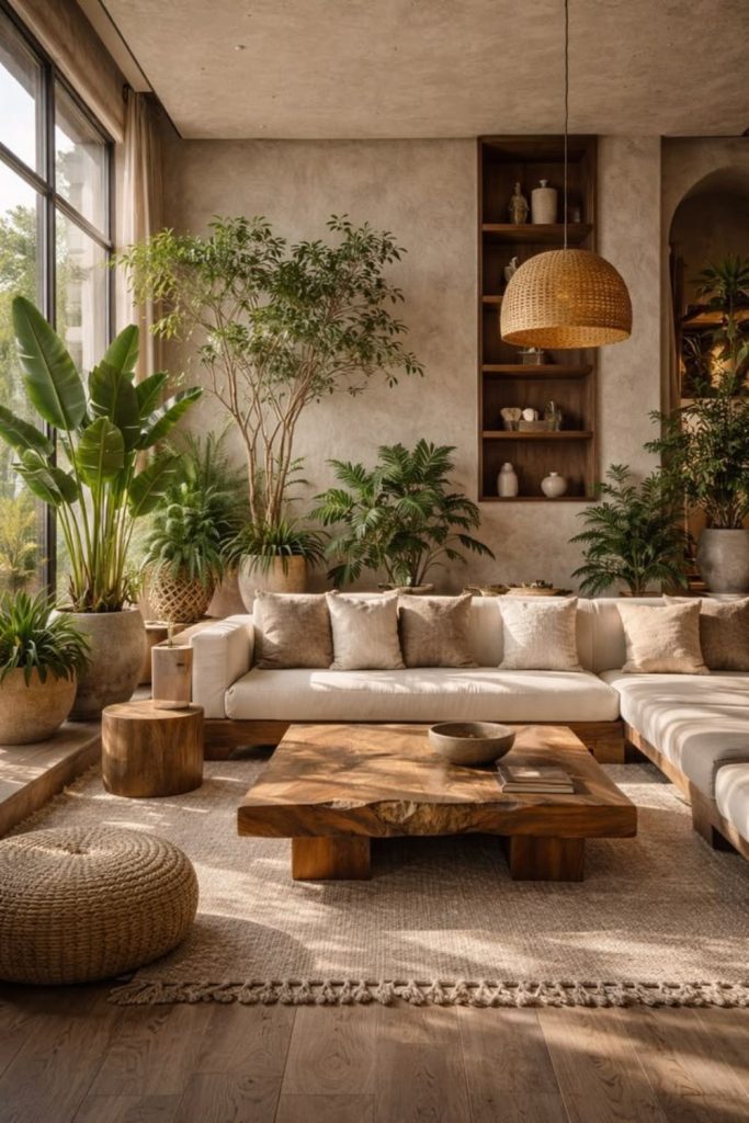 Layered textured living room in neutrals.