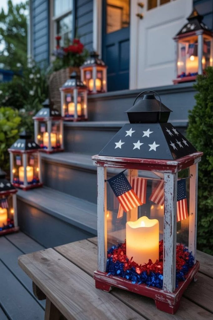 Patriotic lantern porch with festive flags and glowing mason jars at evening entrance
