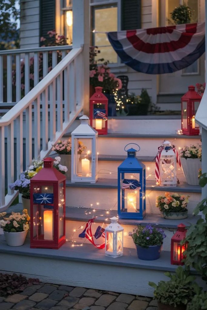 Lantern lit stairs with glowing patriotic ambiance