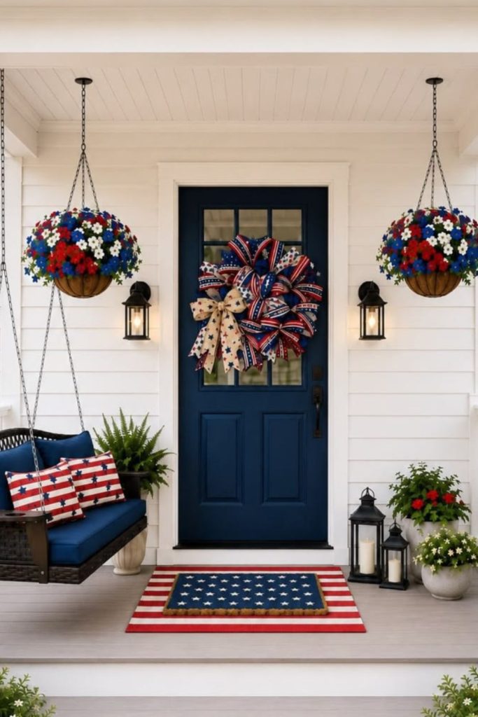 Porch swing with quilt cushions flags and cozy patriotic evening lighting