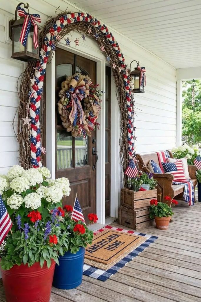 Window box porch filled with patriotic flowers flags and bright seasonal colors
