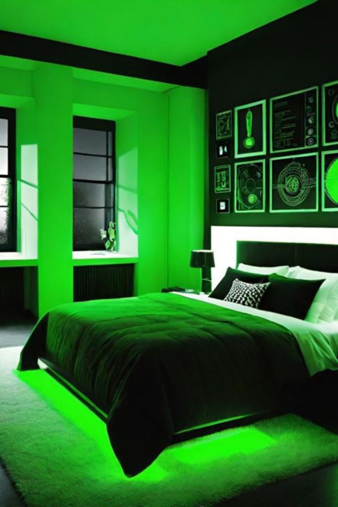 Lime green tech-inspired teen room.