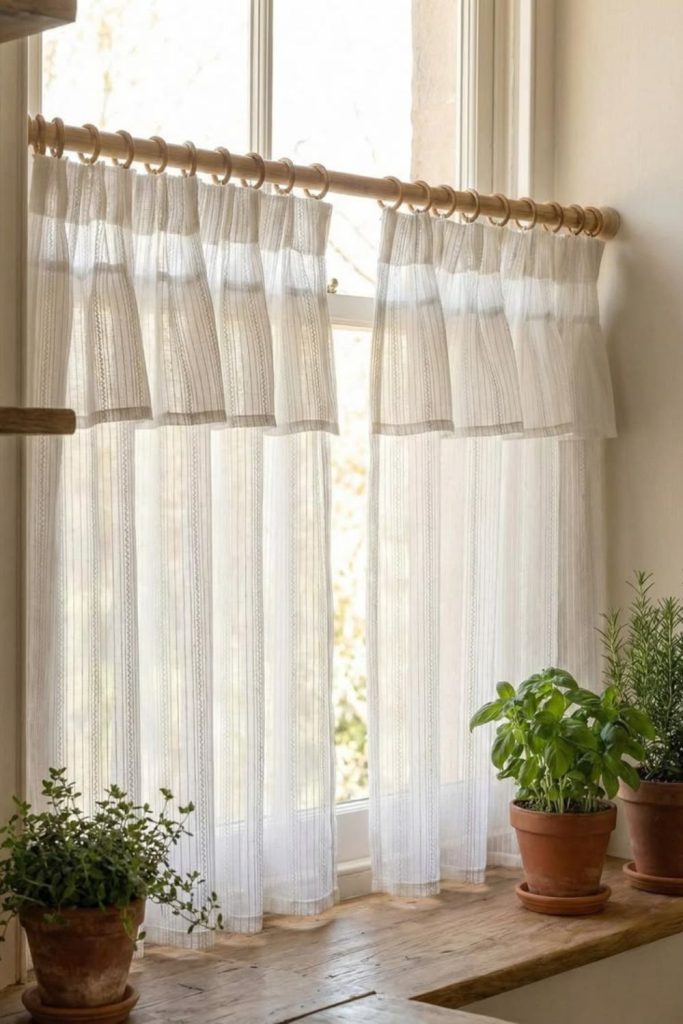 Airy linen kitchen café curtains flowing softly