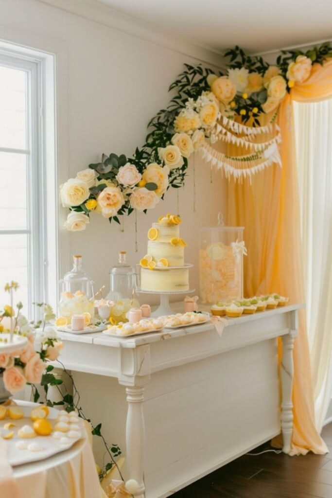 Lemon-themed baby shower table decorations.