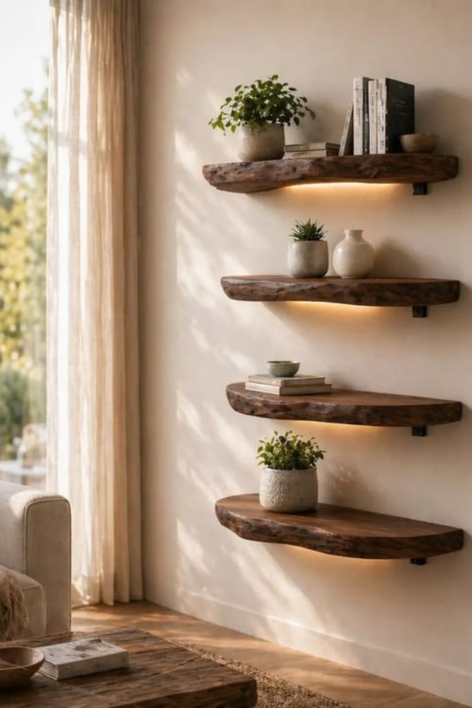 Live edge wood wall shelf.