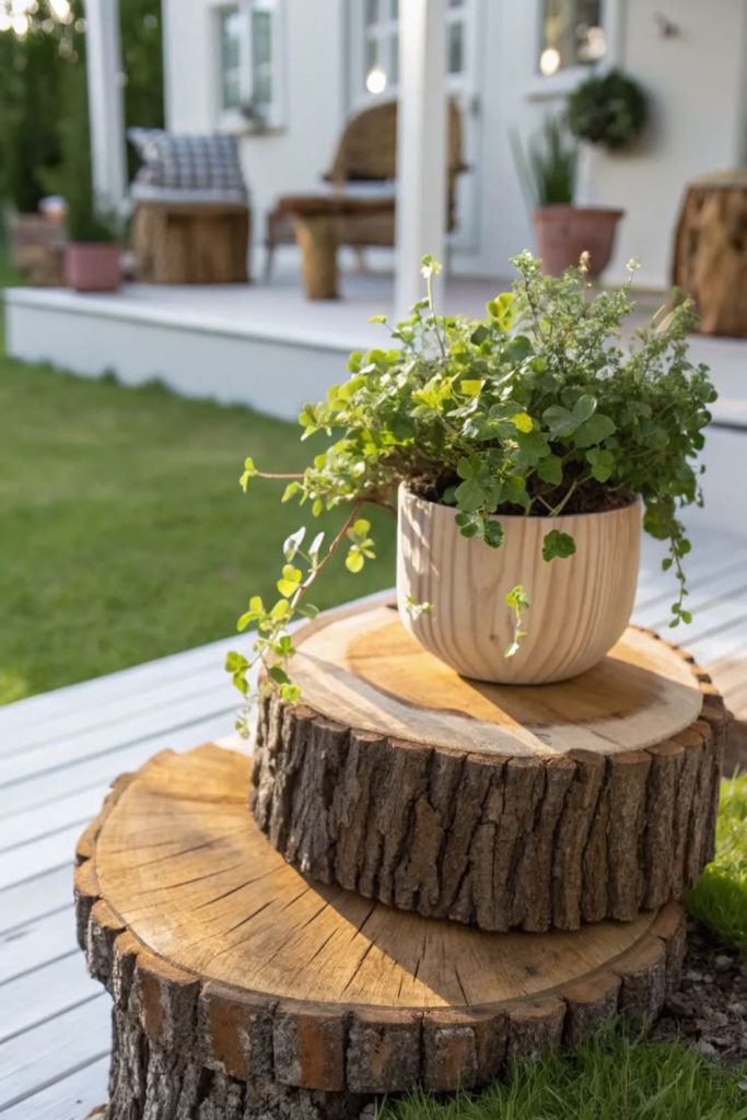 Log slice tiered plant stand.