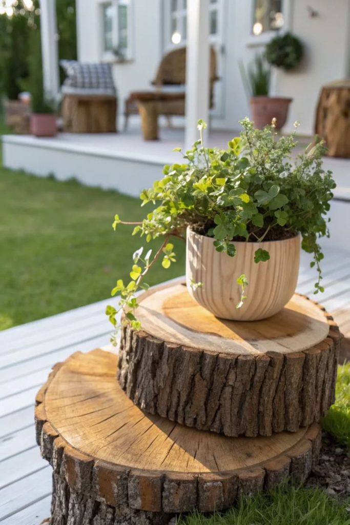 Natural log slice tiered plant stand