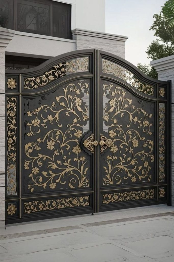 Ornate gold accented luxury iron entrance gate