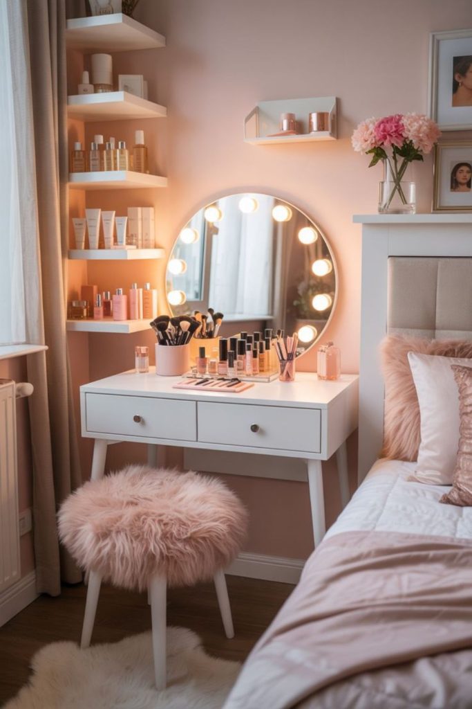Fashion-inspired teen bedroom with vanity.