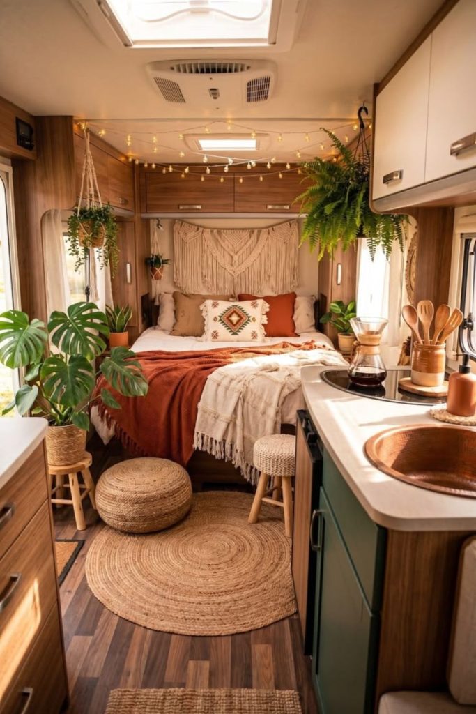 Floral camper interior with pastel accents.