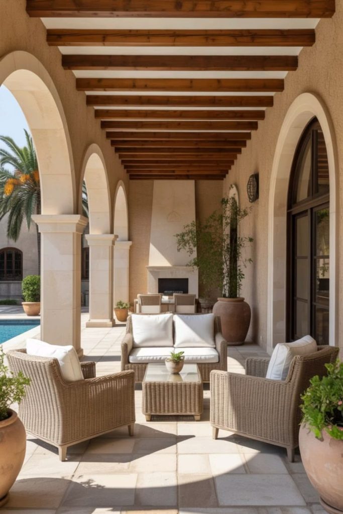 Mediterranean arched terrace with clay tones