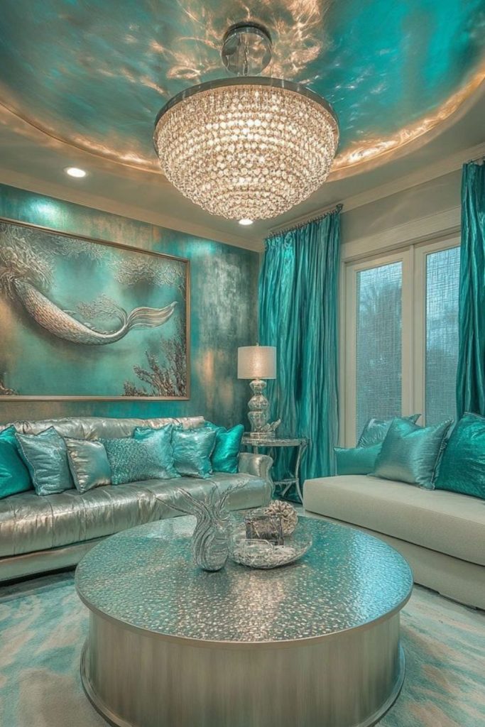 Mermaid lagoon décor with ocean hues.