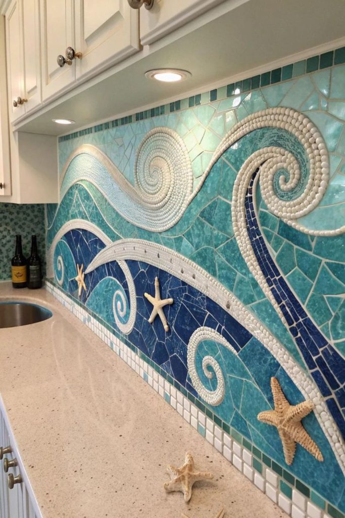 Mermaid mosaic artwork with shimmering details.