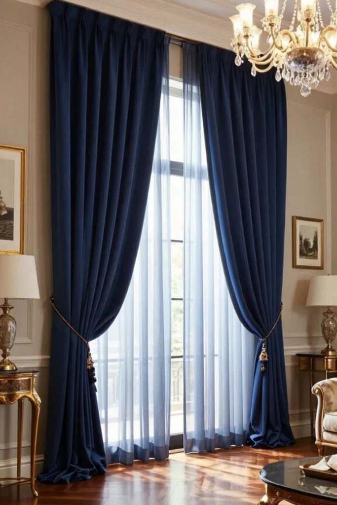 Dark navy drapes deep elegant contrast
