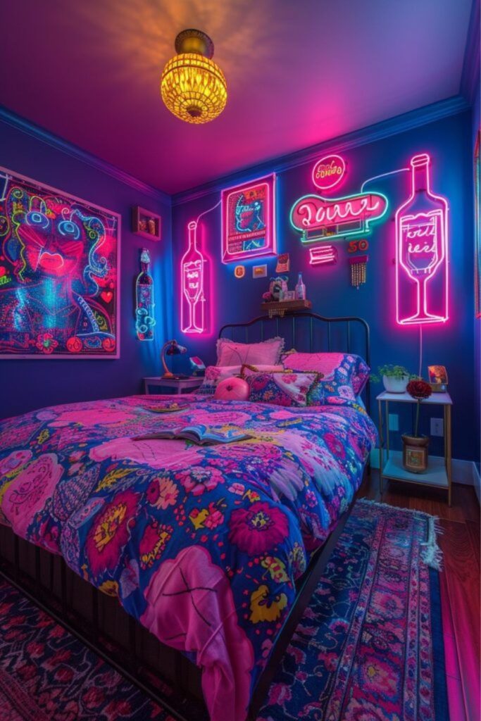 Neon dorm room with glowing LED lights.